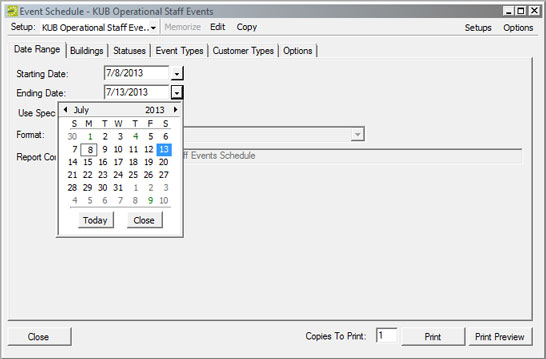 EMS event schedule date dropdown menu.