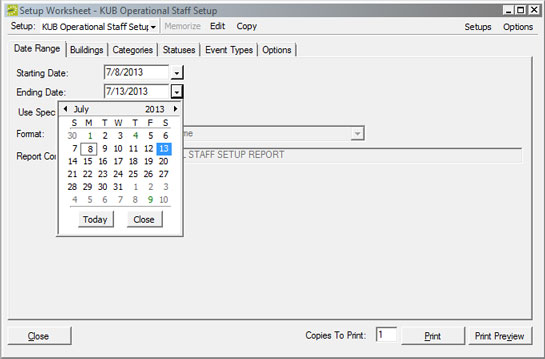 EMS Setup date selector.