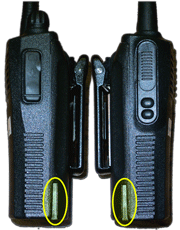Image of both sides of a 2-way radio showing the talk button and external mic connection