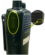 Side and front view of 2-way radio showing talk button and microphone