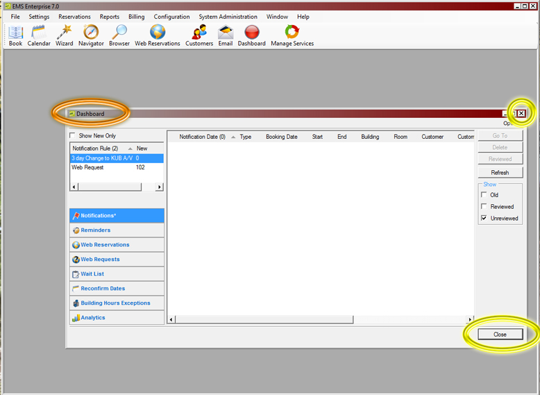 Screenshot of EMS application showing dashboard screen.
