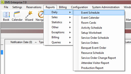 EMS event schedule menu.